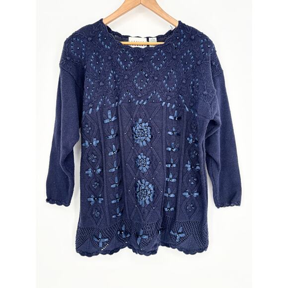 Carolina Colours Navy Blue Pearl Ribbon Detail Pullover Sweater Size L - Picture 3 of 7